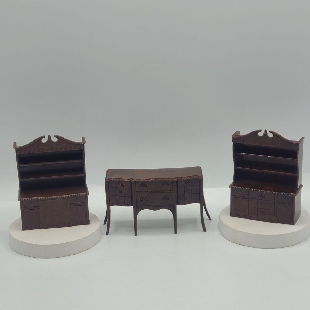 Renwal Dollhouse Dining Room Set With Two China Cabinets & Sideboard Brown Plast